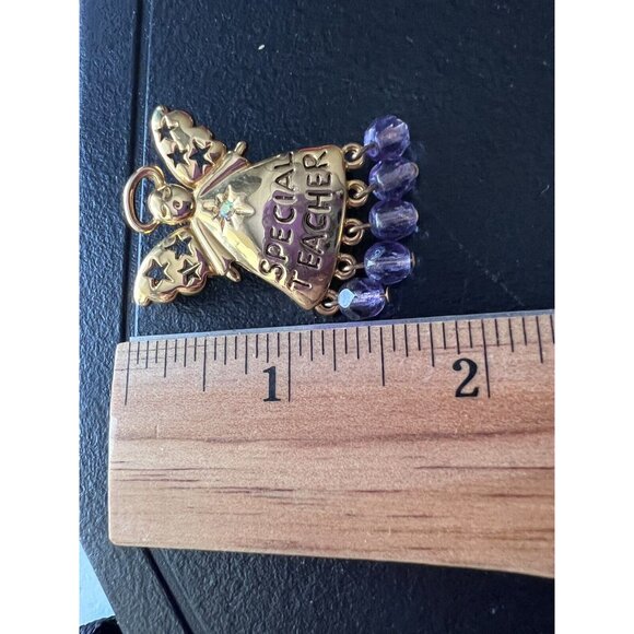 Gold ANGEL with Purple Dangles SPECIAL TEACHER Brooch Pin - Picture 6 of 6